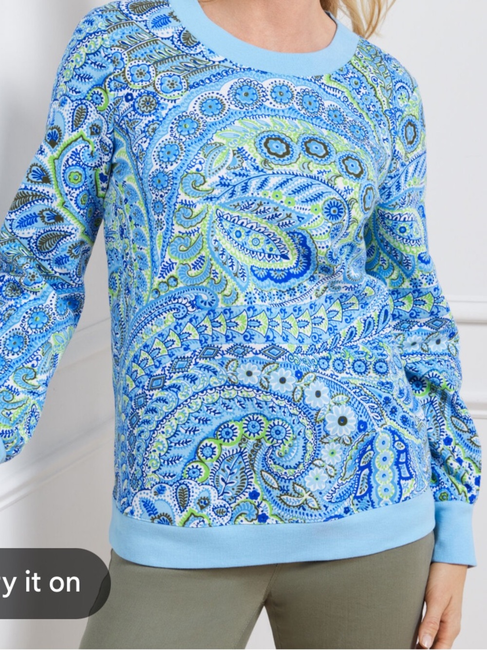 Talbots Blue Perky Paisley Print Balloon Sleeve Popover Top size M
